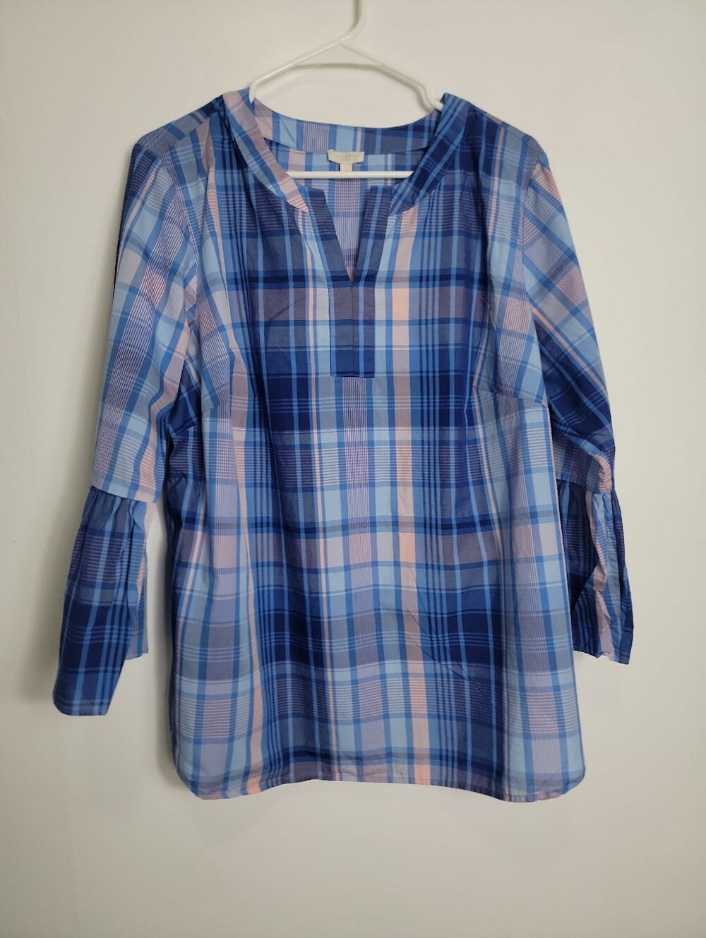 Talbots Woman Blue Pink Plaid Long Sleeve Pullover Tunic Top, 1X